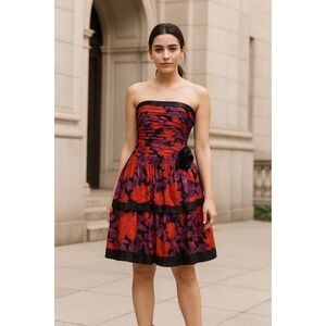A.J. Bari Silk Vintage Strapless WhimsyGoth Fairy Floral Dress 4